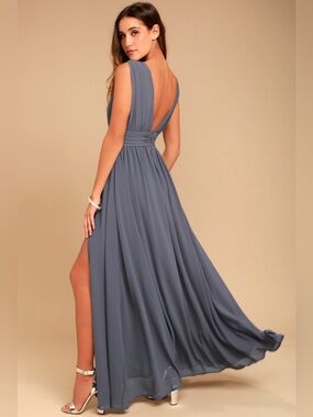 Lulu's Slate Blue Open-Back Pleated Maxi Dress